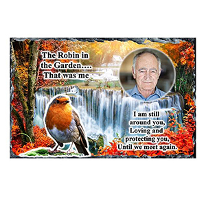 Personalsied Remembrance Slate - Blue Rose & Robin with Photo